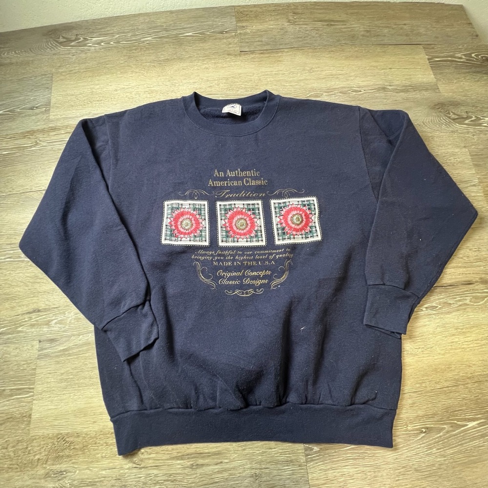 Delta Sweatshirt Mens XL Navy Blue Vintage Floral American Classic Made in USA